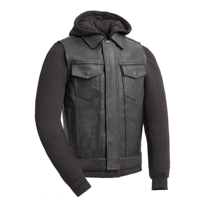 Kent Men's Motorcycle Leather Vest and Hoodie Garage Sale GARAGE SALE S Black 