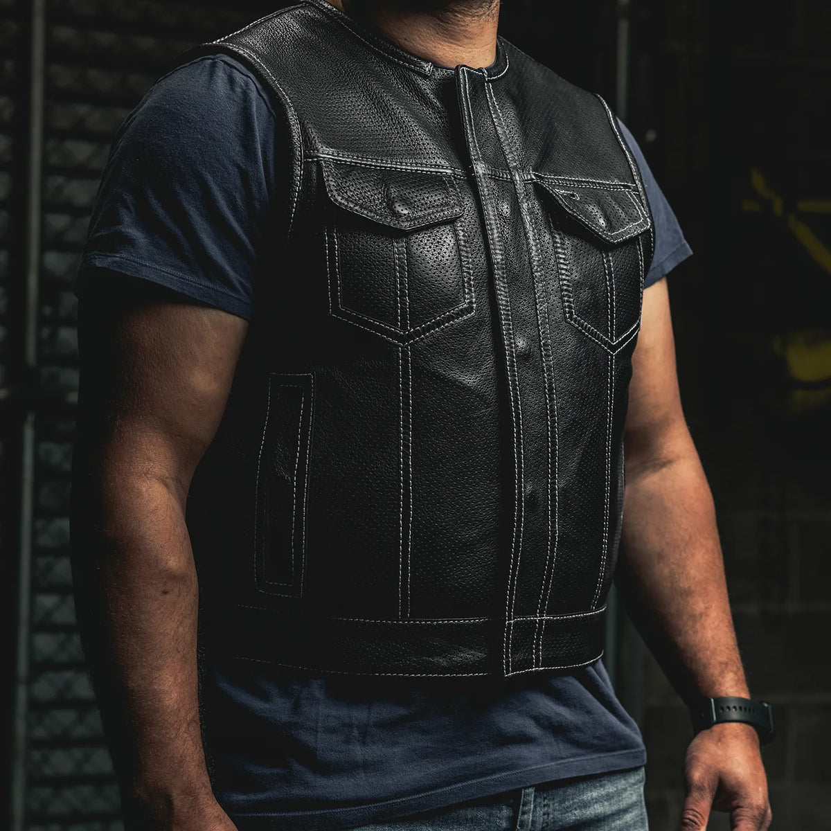 Lowside Men's Perforated Motorcycle Leather Vest Men's Leather Vest First Manufacturing Company   
