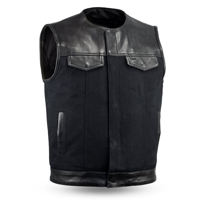 49/51 - No Collar Men's Leather/Canvas Motorcycle Vest Men's Canvas Vests First Manufacturing Company S Black 