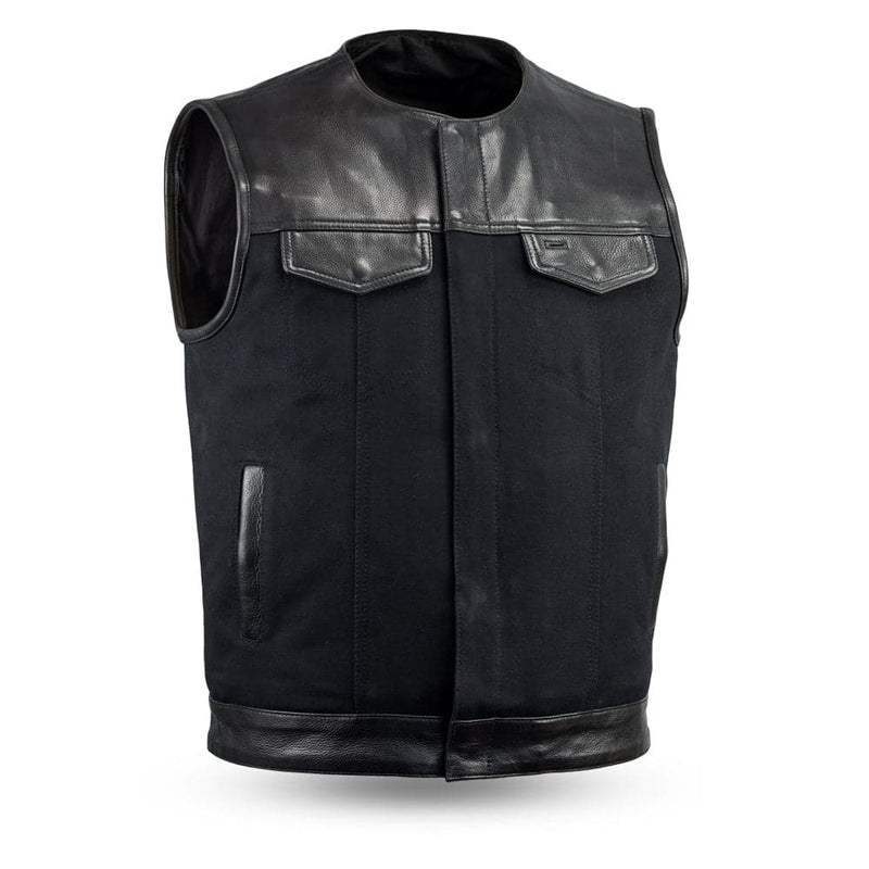 49/51 - No Collar Men's Leather/Canvas Motorcycle Vest Men's Canvas Vests First Manufacturing Company S Black 