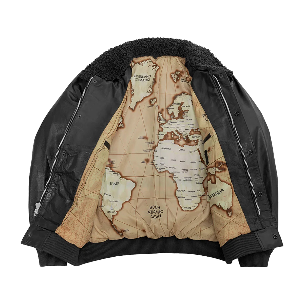 Old World Map Bomber Jacket Black - First Manufacturing Co Old World Map Bomber Jacket Black - First Manufacturing Co