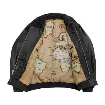 Old World Map Bomber Jacket Black - First Manufacturing Co