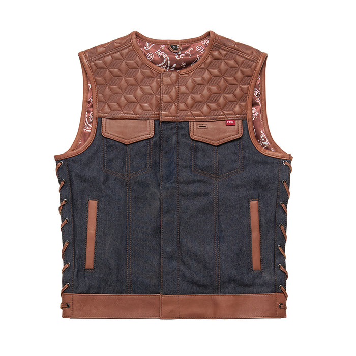 Red Label  - Men's Club Style Leather/Denim Motorcycle Vest - Limited Edition Factory Customs First Manufacturing Company XS  