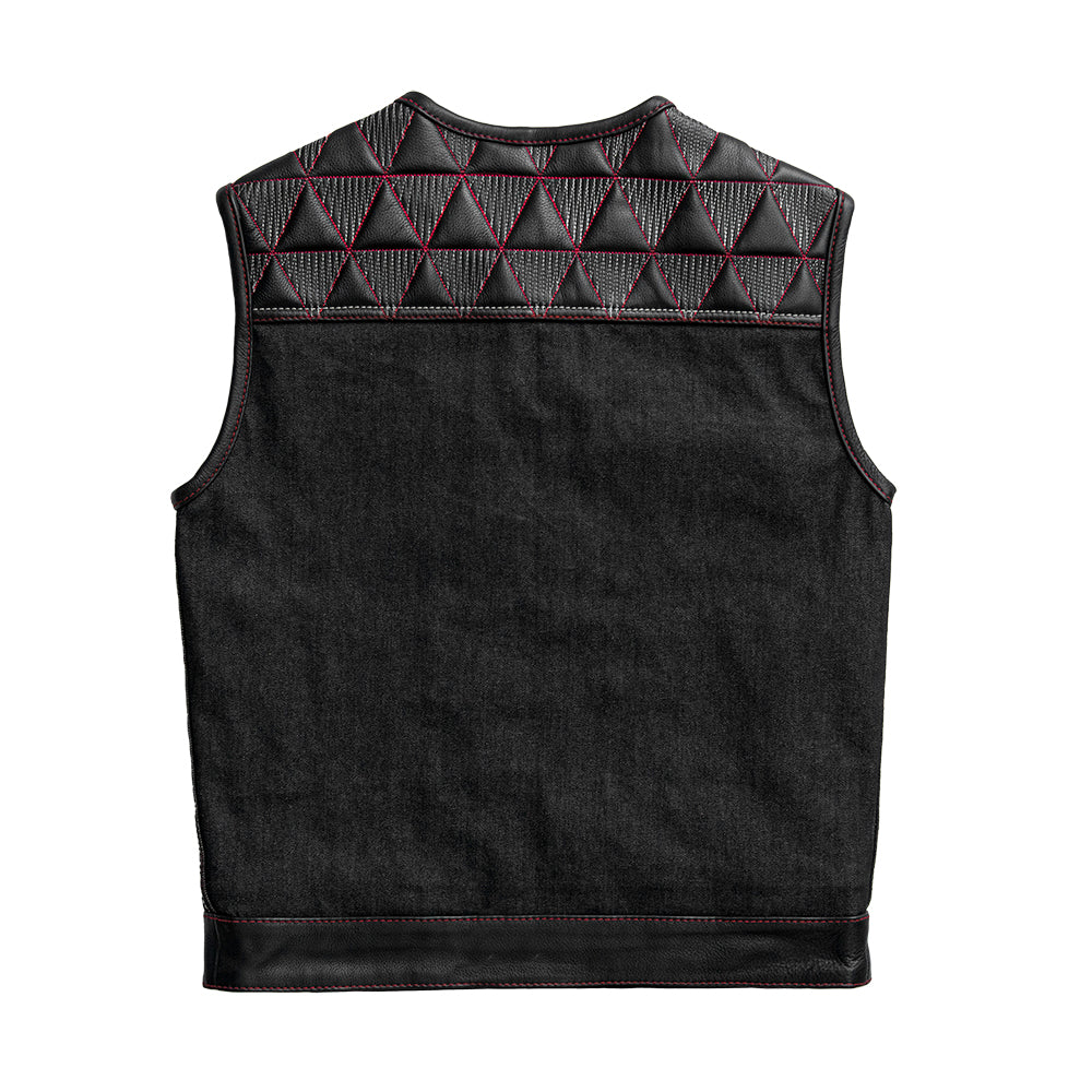 Men's Black Denim Motorcycle Club Vest with Folded Collar & Hidden Snaps