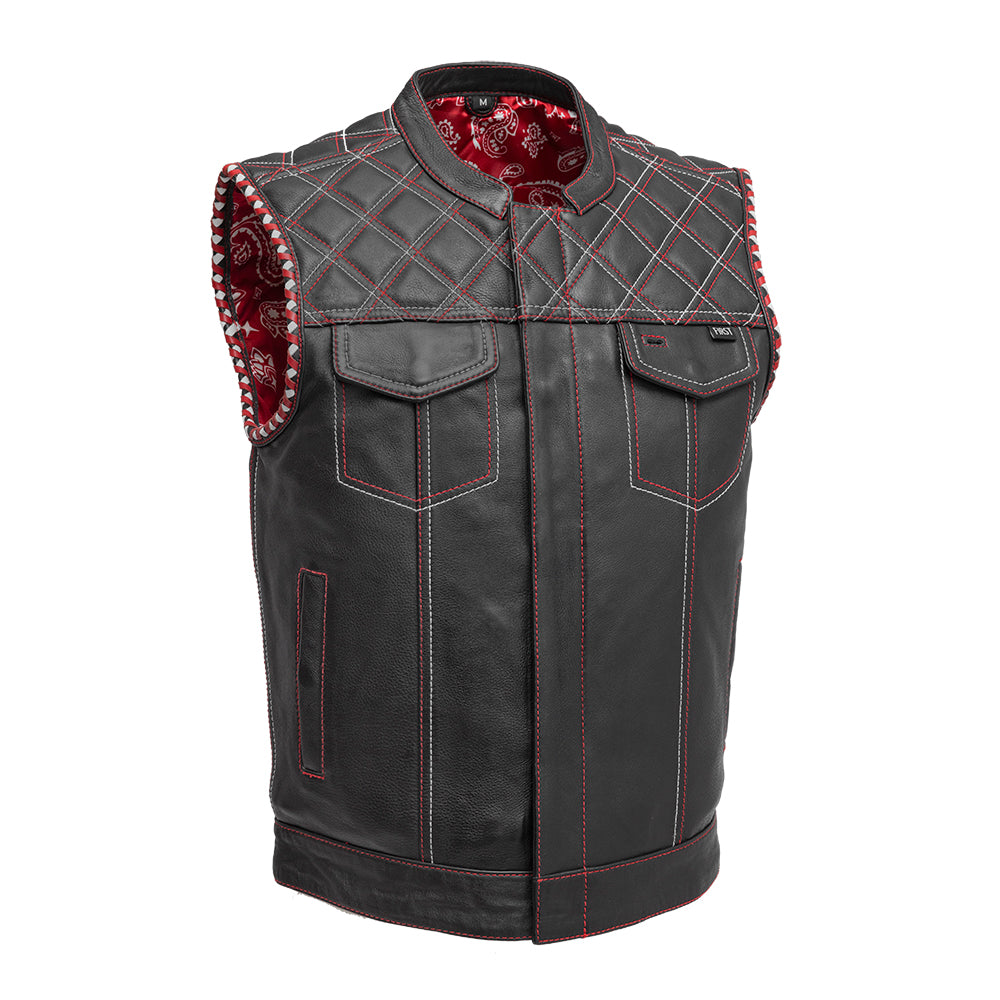 Sinister - Men's Motorcycle Leather Vest Red Men's Leather Vest First Manufacturing Company RED/WHITE S 