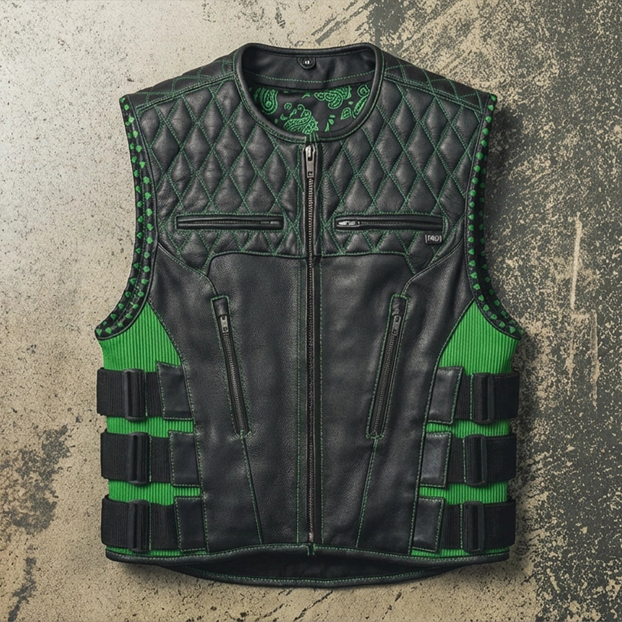 Tactical Emerald Men’s Motorcycle Leather Vest Men's Leather Vest Vests
