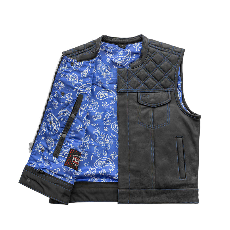 Upside Men's Club Style Leather Vest (Black/Blue) Men's Leather Vest First Manufacturing Company   