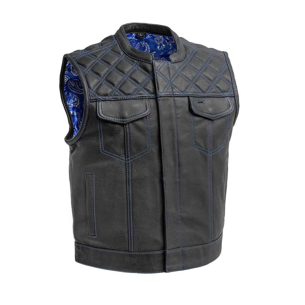 Upside Men's Club Style Leather Vest (Black/Blue) Men's Leather Vest First Manufacturing Company S Black/Blue 