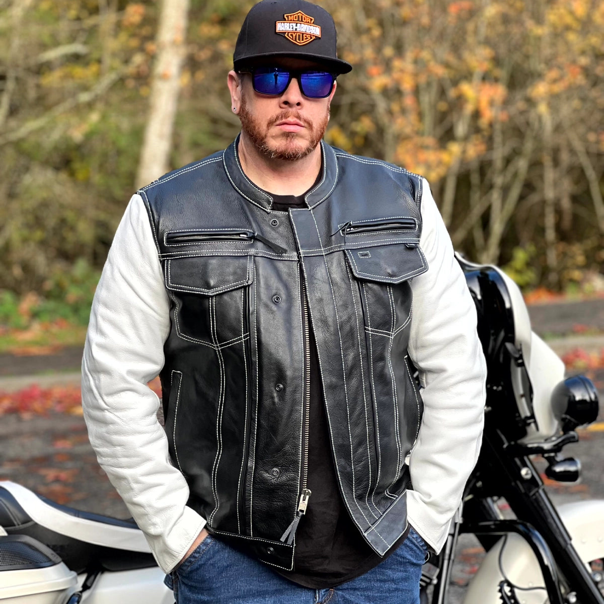 Vincent Men's Cafe Style Leather Jacket Black and White Men's Leather Jacket Jackets