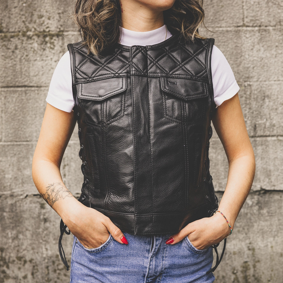 Bonnie - Women's Motorcycle Leather Vest - Diamond Quilt Women's Leather Vest First Manufacturing Company