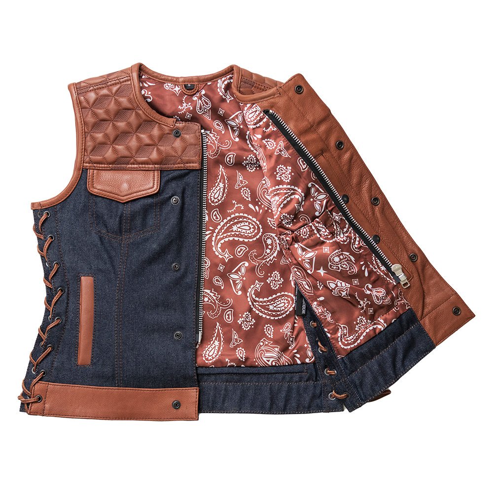 Blue Label Women's Club Style Leather/Denim Vest - Limited Edition Factory Customs First Manufacturing Company   