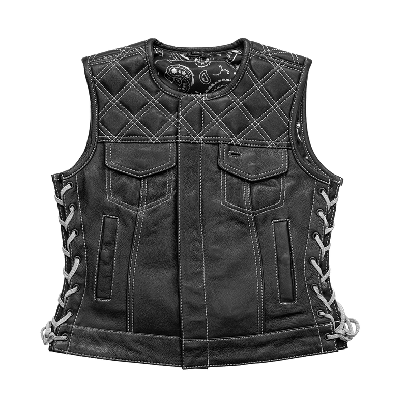 Bonnie - Women's Motorcycle Leather Vest - Diamond Quilt Women's Leather Vest First Manufacturing Company Black White XS 