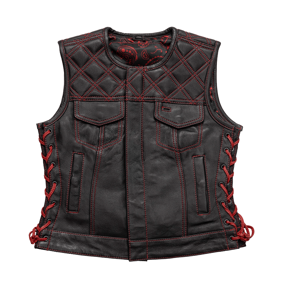 Bonnie - Women's Motorcycle Leather Vest - Diamond Quilt Women's Leather Vest First Manufacturing Company Black Red XS 