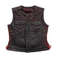 Bonnie - Women's Motorcycle Leather Vest - Diamond Quilt Women's Leather Vest First Manufacturing Company Black Red XS 