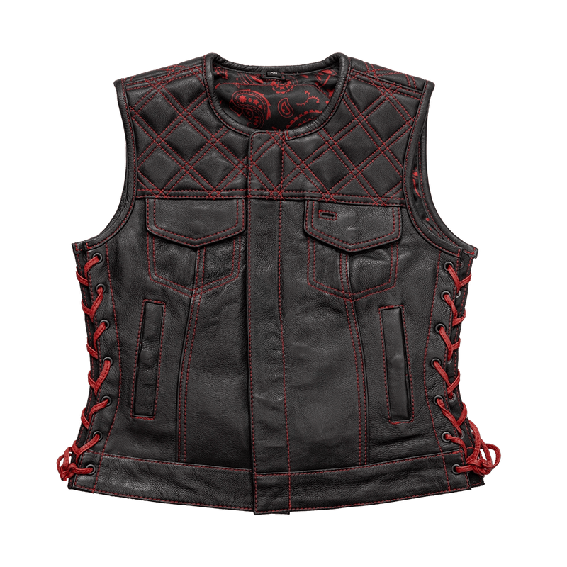 Bonnie - Women's Motorcycle Leather Vest - Diamond Quilt Women's Leather Vest First Manufacturing Company Black Red XS 