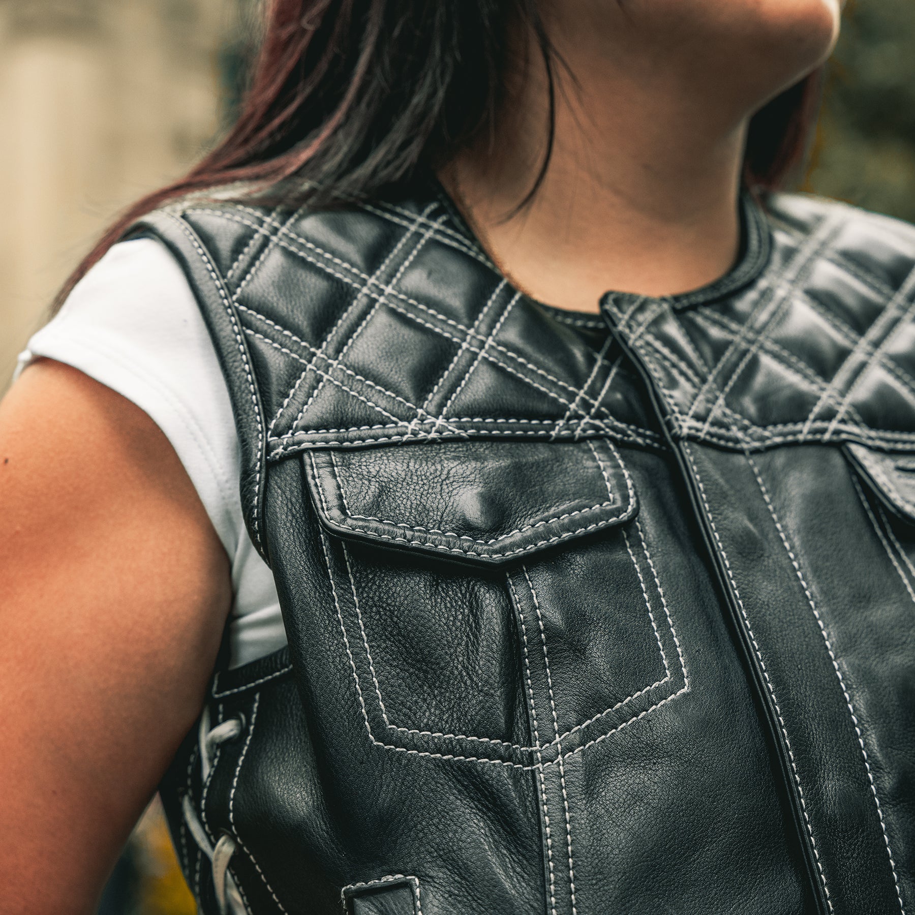 Bonnie - Women's Motorcycle Leather Vest - Diamond Quilt Women's Leather Vest First Manufacturing Company