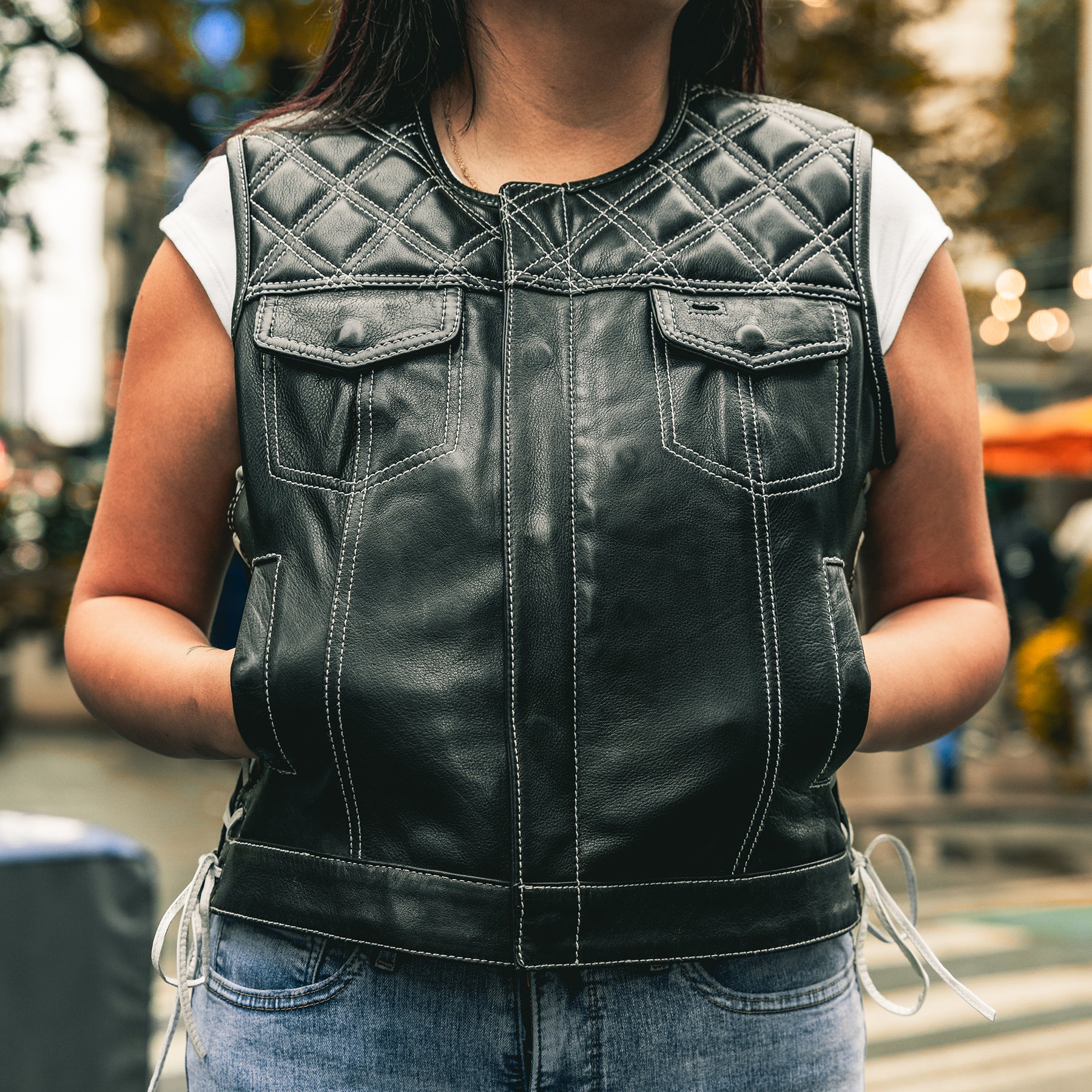 Bonnie - Women's Motorcycle Leather Vest - Diamond Quilt Women's Leather Vest First Manufacturing Company