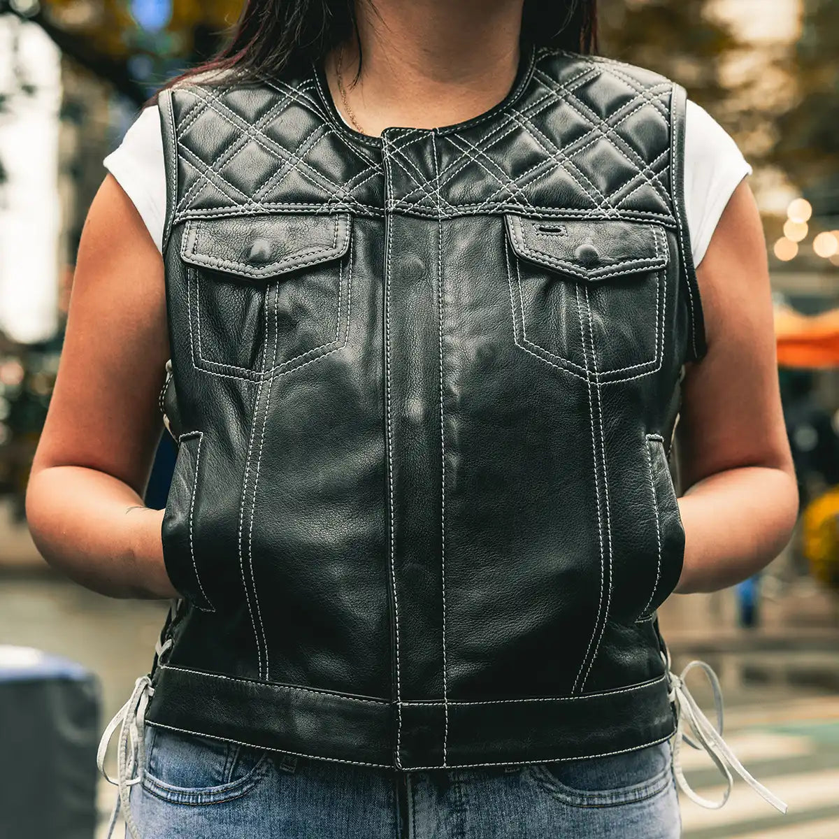 Bonnie - Women's Motorcycle Leather Vest - Diamond Quilt Women's Leather Vest First Manufacturing Company