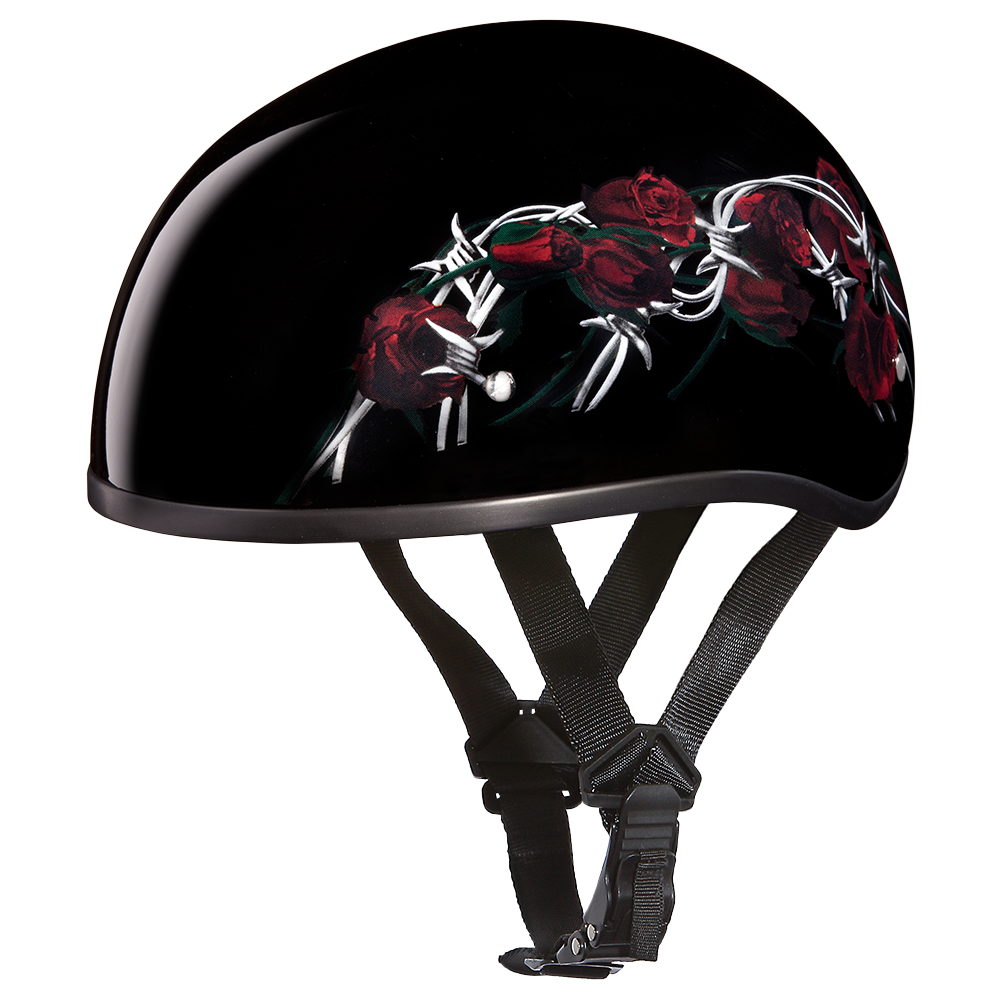 DOT Approved Daytona Motorcycle Half Face Helmet - Skull Cap Graphics for Men & Women, Scooters, ATVs, UTVs & Choppers - W/ Barbed Roses DAYTONA SKULL CAP - GRAPHICS Daytona Helmets