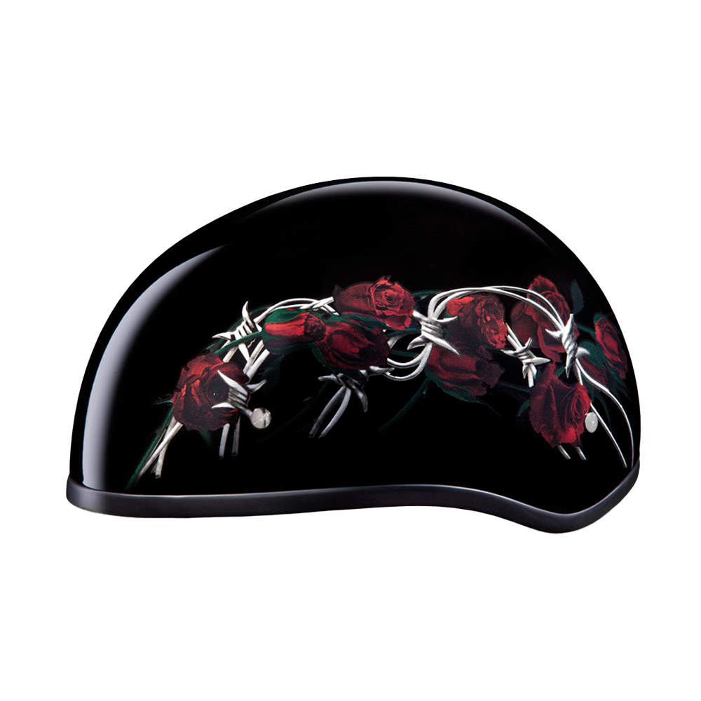 DOT Approved Daytona Motorcycle Half Face Helmet - Skull Cap Graphics for Men & Women, Scooters, ATVs, UTVs & Choppers - W/ Barbed Roses DAYTONA SKULL CAP - GRAPHICS Daytona Helmets