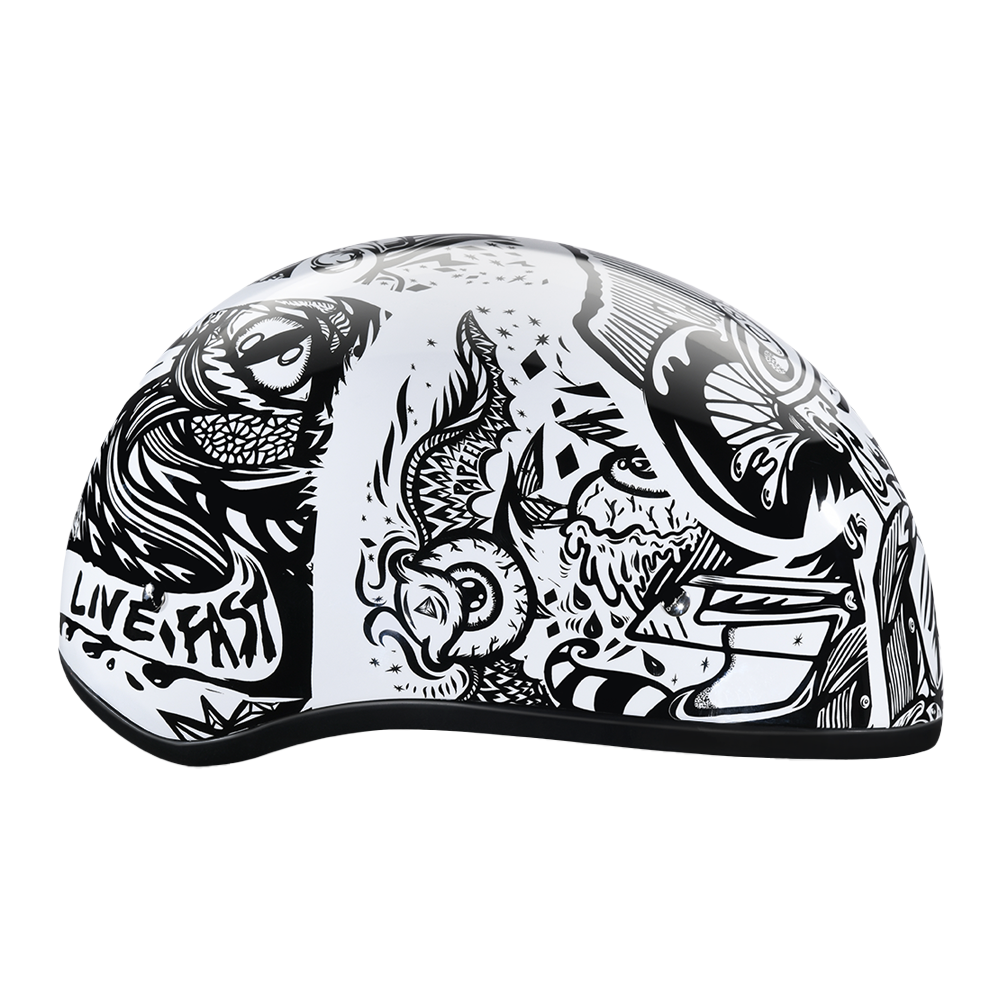 DOT Approved Daytona Motorcycle Half Face Helmet - Skull Cap Graphics for Men & Women, Scooters, ATVs, UTVs & Choppers - W/ Live Fast DAYTONA SKULL CAP - GRAPHICS Daytona Helmets