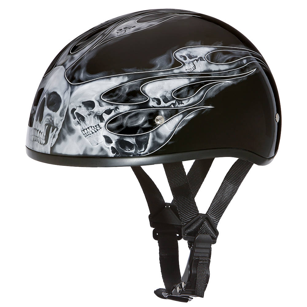 DOT Approved Daytona Motorcycle Half Face Helmet - Skull Cap Graphics for Men & Women, Scooters, ATVs, UTVs & Choppers - W/ Skull Flames Silver DAYTONA SKULL CAP - GRAPHICS Daytona Helmets