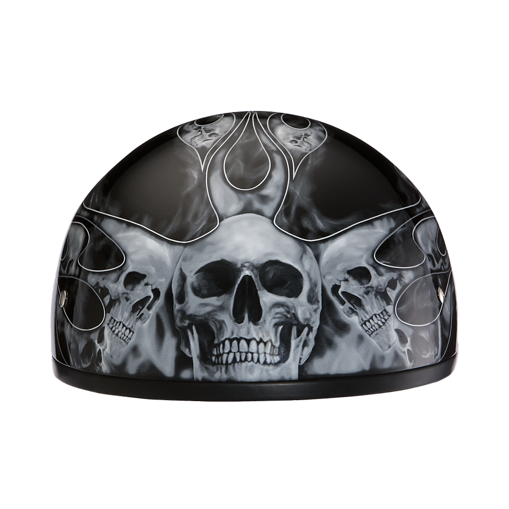 DOT Approved Daytona Motorcycle Half Face Helmet - Skull Cap Graphics for Men & Women, Scooters, ATVs, UTVs & Choppers - W/ Skull Flames Silver DAYTONA SKULL CAP - GRAPHICS Daytona Helmets