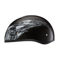 DOT Approved Daytona Motorcycle Half Face Helmet - Skull Cap Graphics for Men & Women, Scooters, ATVs, UTVs & Choppers - W/ Skull Flames Silver DAYTONA SKULL CAP - GRAPHICS Daytona Helmets