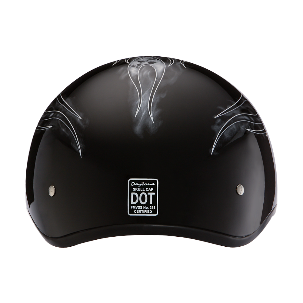 DOT Approved Daytona Motorcycle Half Face Helmet - Skull Cap Graphics for Men & Women, Scooters, ATVs, UTVs & Choppers - W/ Skull Flames Silver DAYTONA SKULL CAP - GRAPHICS Daytona Helmets