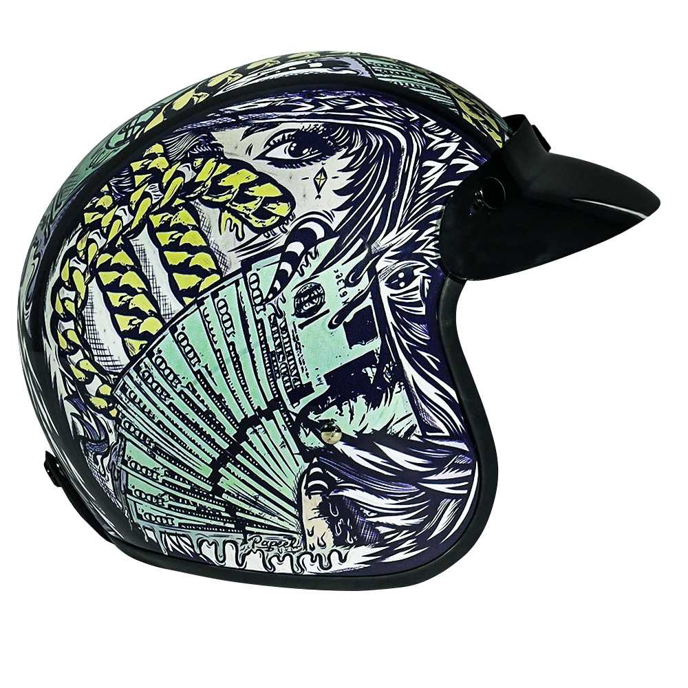 DOT Approved Daytona Cruiser Open Face Motorcycle Helmet - Men, Women & Youth - With Visor & Graphics - W/ Money CRUISER - GRAPHICS Daytona Helmets