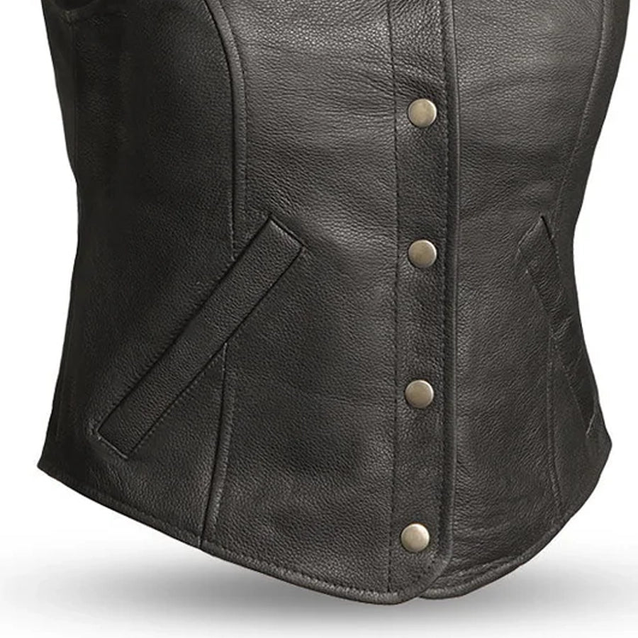 Women's Premium Soft Leather Motorcycle Vest – Concealed Gun Pockets, Snap Closure, Black – EXCELSIOR