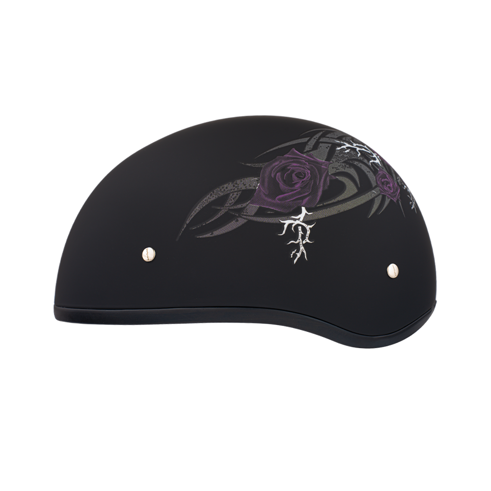 DOT Approved Daytona Motorcycle Half Face Helmet - Skull Cap Graphics for Men & Women, Scooters, ATVs, UTVs & Choppers - W/ Purple Rose DAYTONA SKULL CAP - GRAPHICS Daytona Helmets