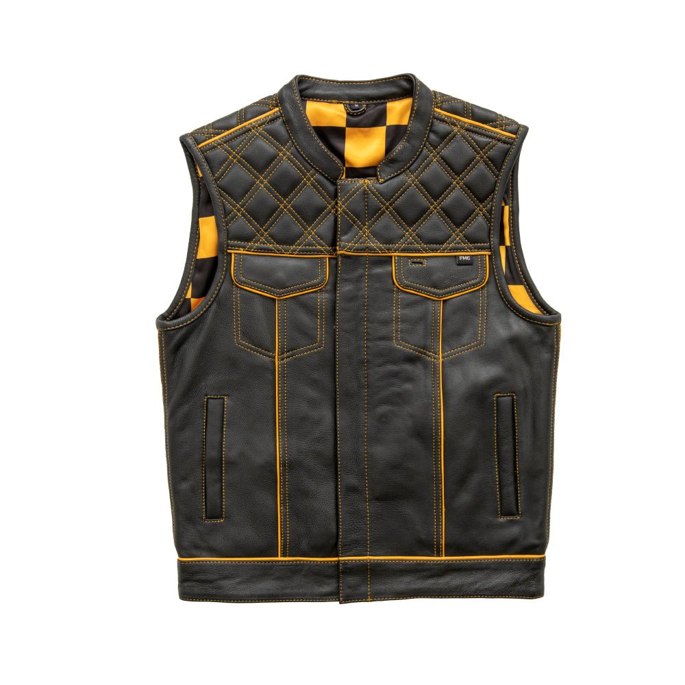 Finish Line - Gold Checker - Men's Motorcycle Leather Vest Men's Leather Vest First Manufacturing Company Black/Gold S