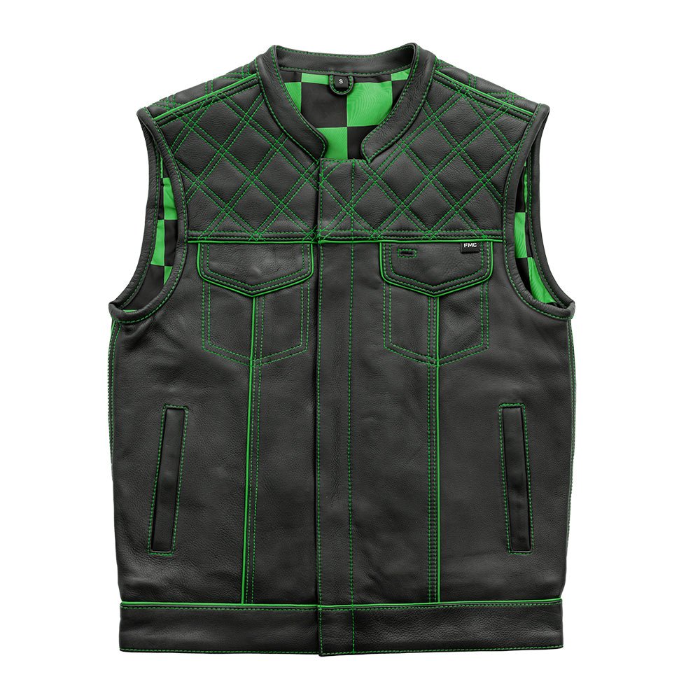 Finish Line - Green Checker - Men's Motorcycle Leather Vest Men's Leather Vest First Manufacturing Company Black Green S