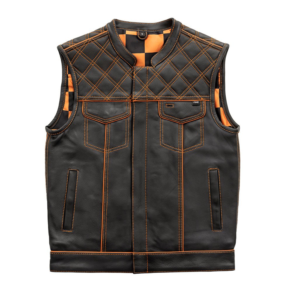 Finish Line - Orange Checker - Men's Motorcycle Leather Vest Men's Leather Vest First Manufacturing Company Black Orange S Leather