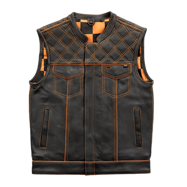 Finish Line - Orange Checker - Men's Motorcycle Leather Vest Men's Leather Vest Vests Black Orange S Leather