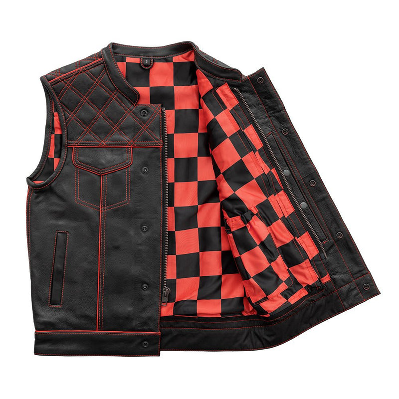 Finish Line - Red Checker - Men's Motorcycle Leather Vest Men's Leather Vest First Manufacturing Company   