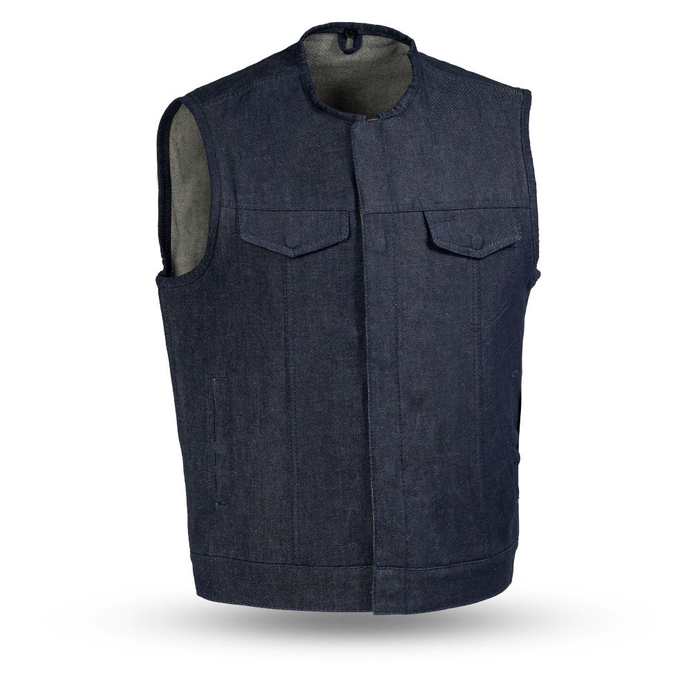 Haywood Men's Motorcycle Denim Vest Men's Denim Vest First Manufacturing Company S Blue 