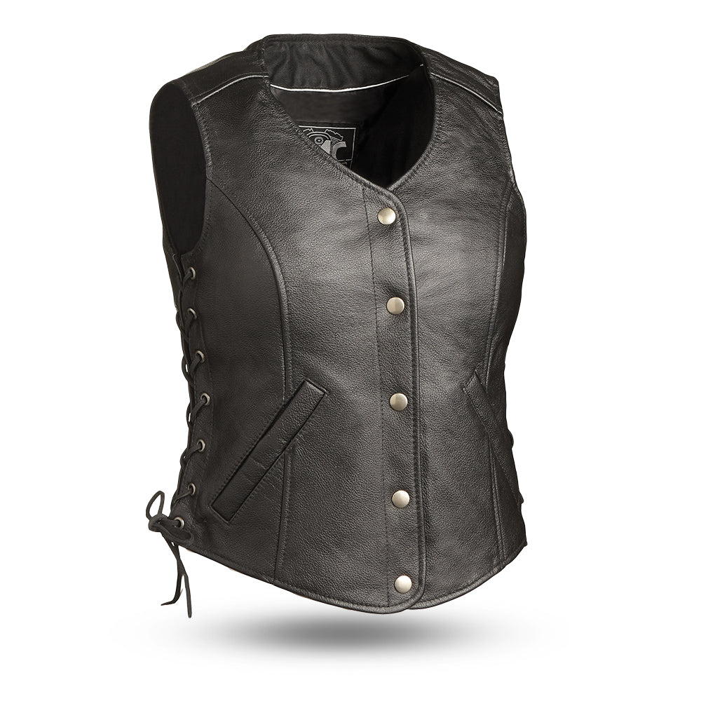 Honey Badger Women's Motorcycle Leather Vest Women's Leather Vest Vests Standard Black XS