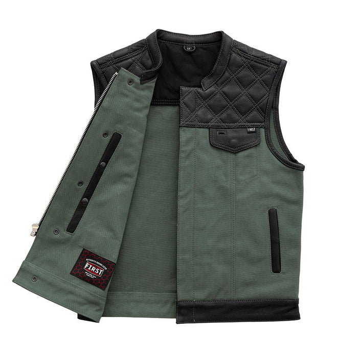 Hunt Club Motorcycle Leather Canvas Vest Green Men's Canvas Vests First Manufacturing Company   