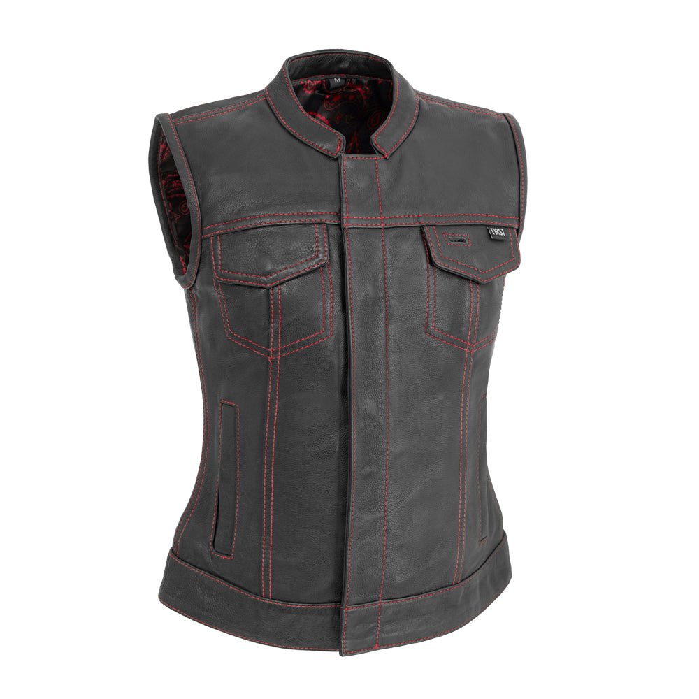 Jessica Women's Motorcycle Leather Vest - Black/Red - Limited Edition Women's Leather Vest Vests XS