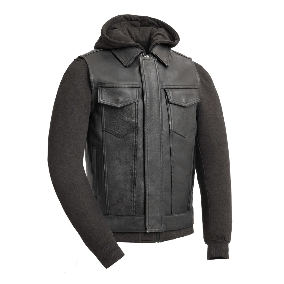 Kent Men's Motorcycle Leather Vest and Hoodie - Black/Grey Men's Leather Vest Vests