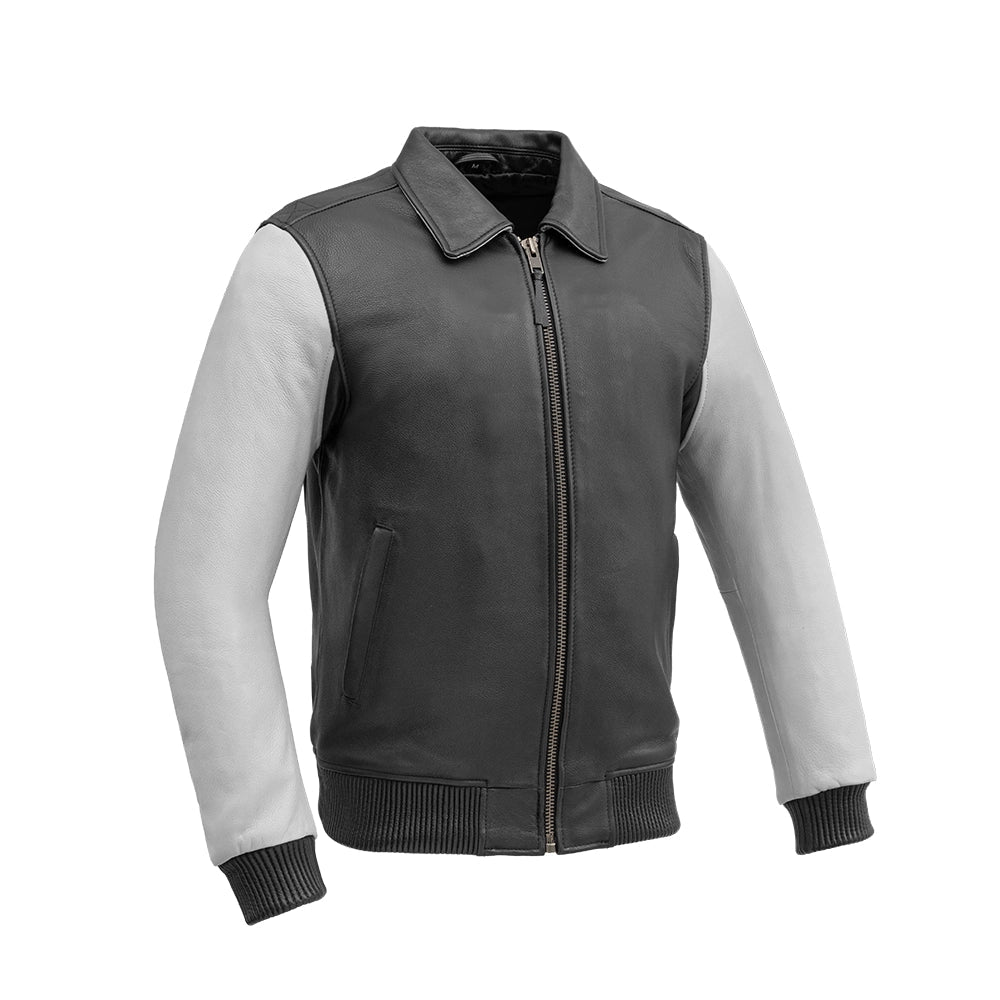 Moto Bomber Two Tone Men's Leather Jacket Men's Bomber Jacket First Manufacturing Company Black White S 