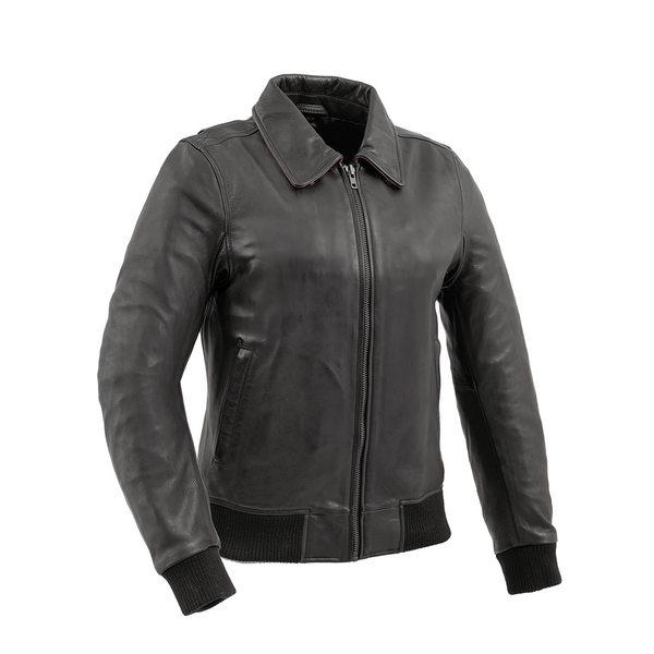 Nancy - Women's Moto Bomber Leather Jacket Women's Bomber Jacket Jackets Black Cognac XS