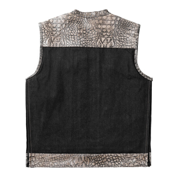 Biker Vest Men Italian Handmade Men Black Crocodile Embossed On