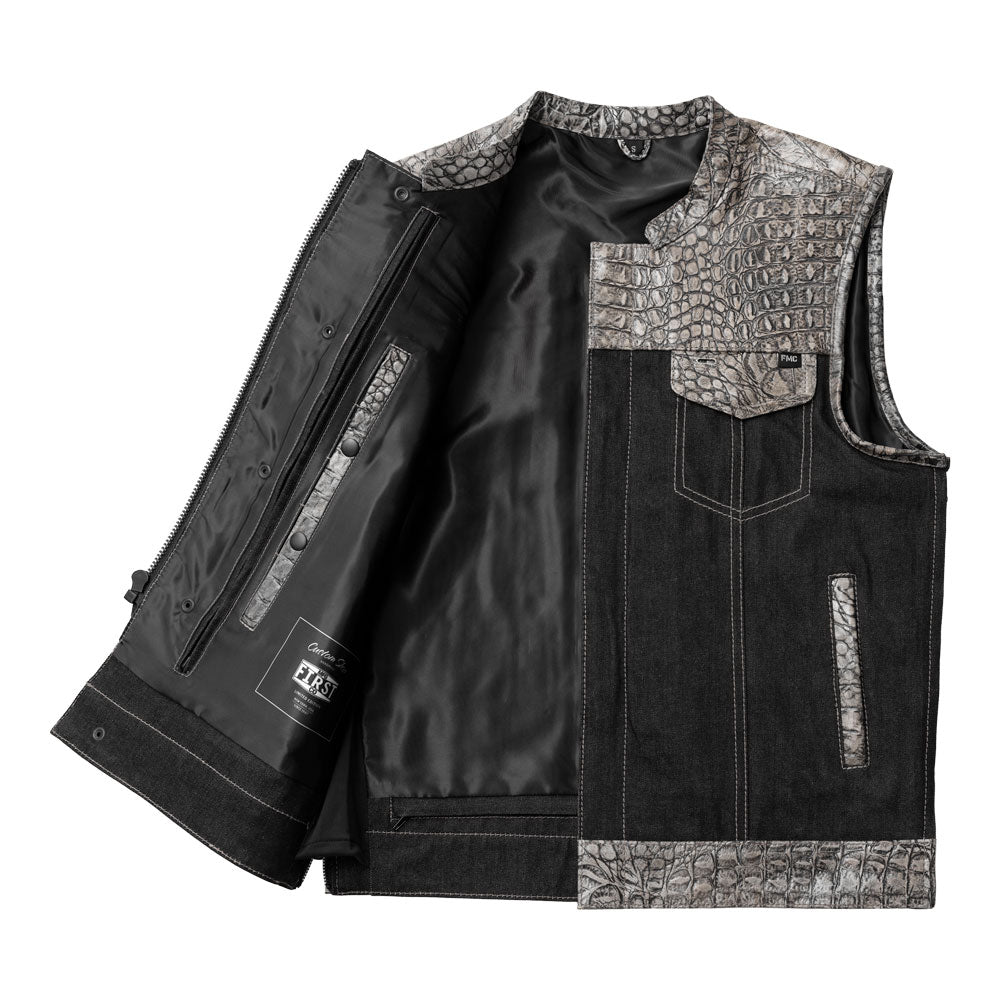 Placid - Men's Leather/Denim Motorcycle Vest - Limited Edition Factory Customs First Manufacturing Company   