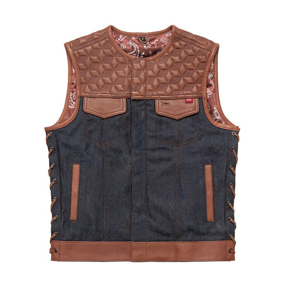 Red Label - Men's Club Style Leather/Denim Motorcycle Vest - Limited Edition Factory Customs Vests XS