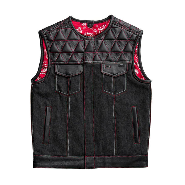 Rush - Men's Club Style Leather/Denim Motorcycle Vest - Limited Edition Factory Customs Vests S