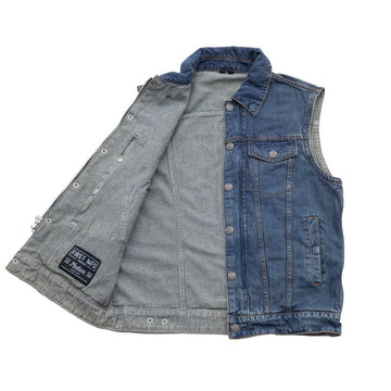 First Mfg Kershaw Men's Raw Denim Motorcycle Vest - 14oz Roughneck Biker Vest With Conceal Carry