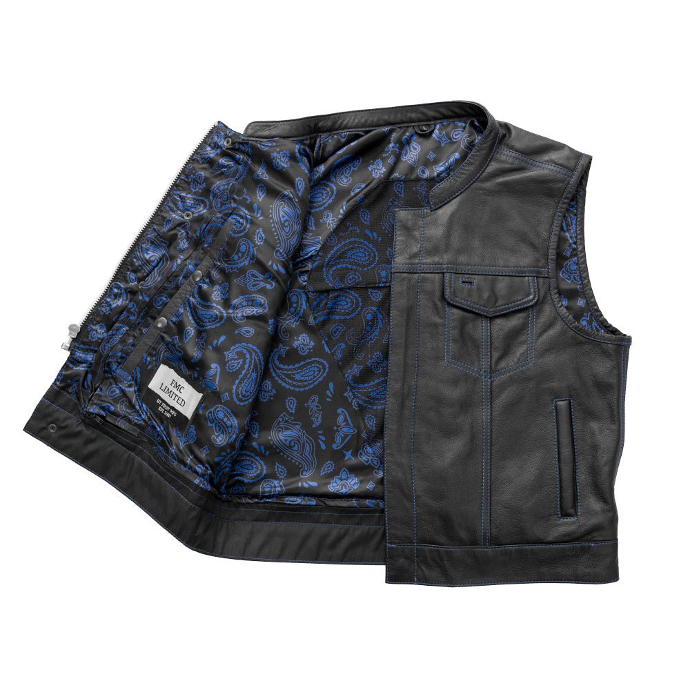 The Club Cut Men's Motorcycle Leather Vest, Multiple Color Options Men's Leather Vest First Manufacturing Company Blue S 